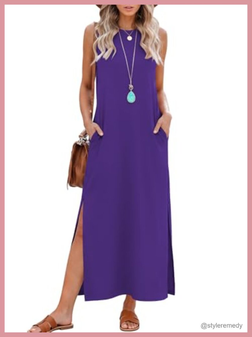 Sleeveless Maxi Dress with Pockets Crew Neck Side Slit Casual Summer